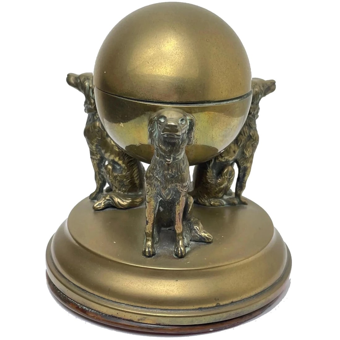 Victorian Solid Brass Inkwell With 3 Irish Setter Dog Hounds Supporting Globe (1 of 12)