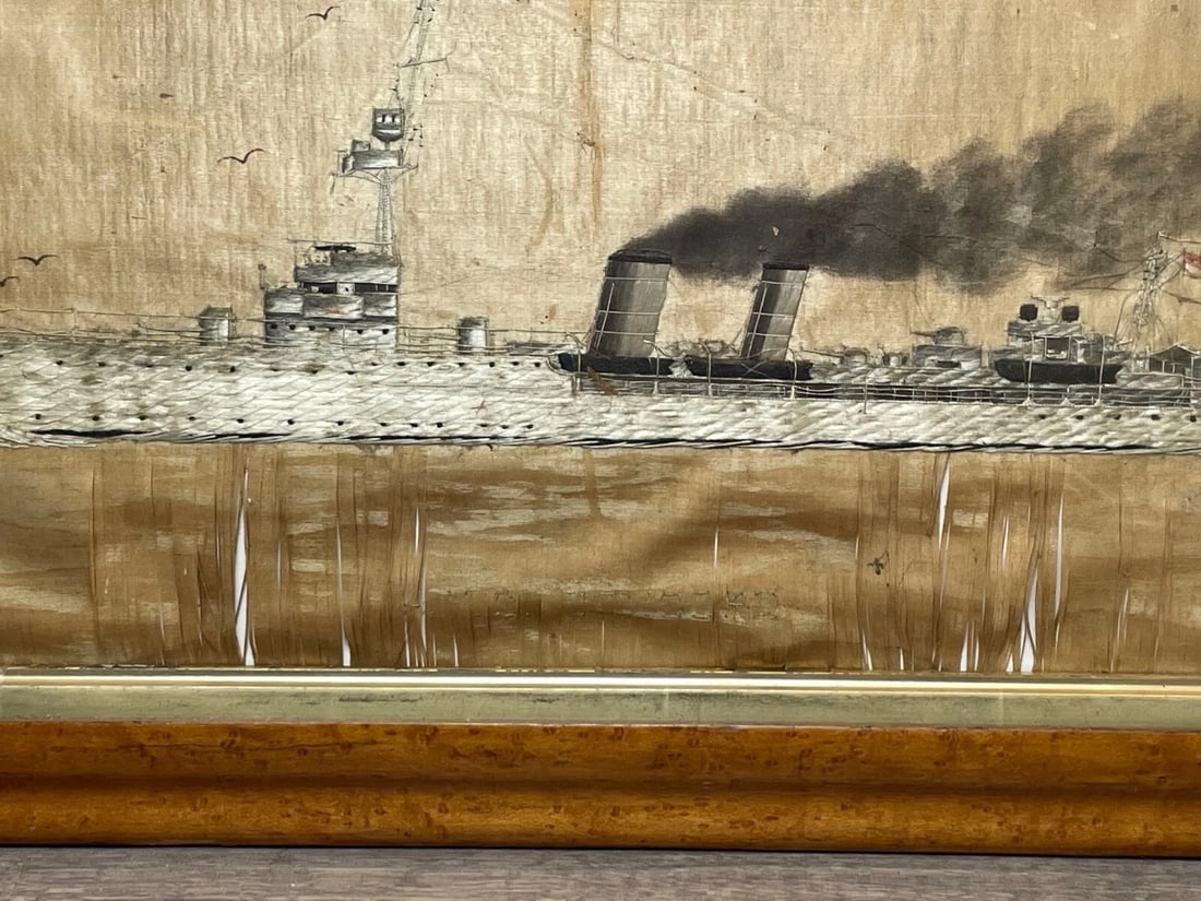 Antique Marine Silk Embroidery WW1 Royal Navy Light Cruiser Ship HMS Concord - 10