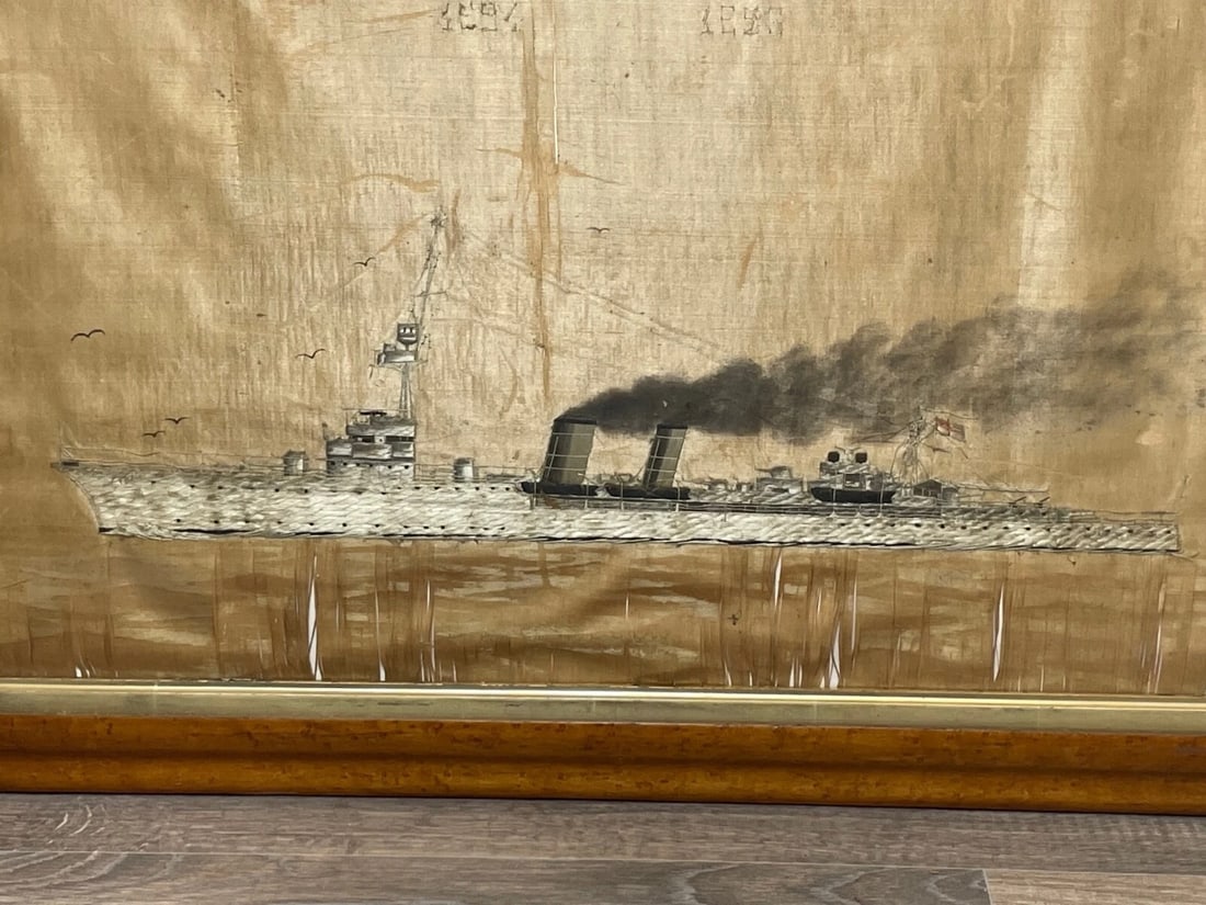 Antique Marine Silk Embroidery WW1 Royal Navy Light Cruiser Ship HMS Concord - 13