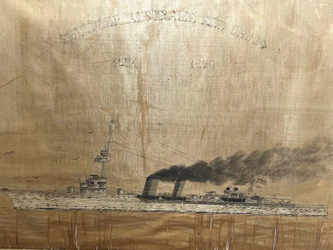 Antique Marine Silk Embroidery WW1 Royal Navy Light Cruiser Ship HMS Concord - 14