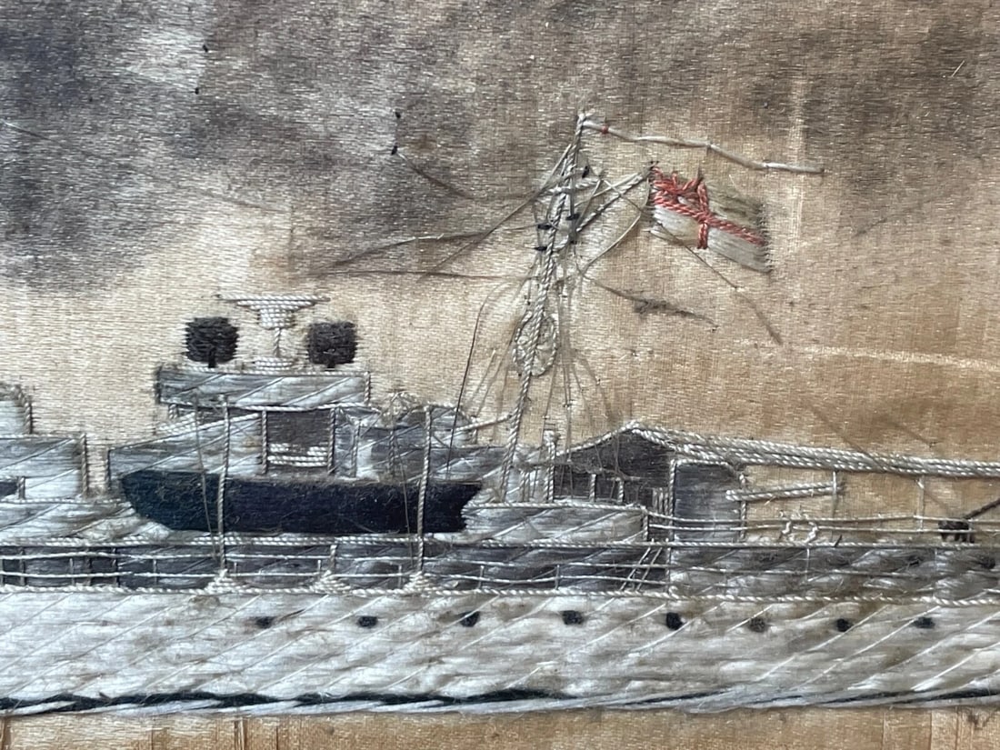 Antique Marine Silk Embroidery WW1 Royal Navy Light Cruiser Ship HMS Concord - 2