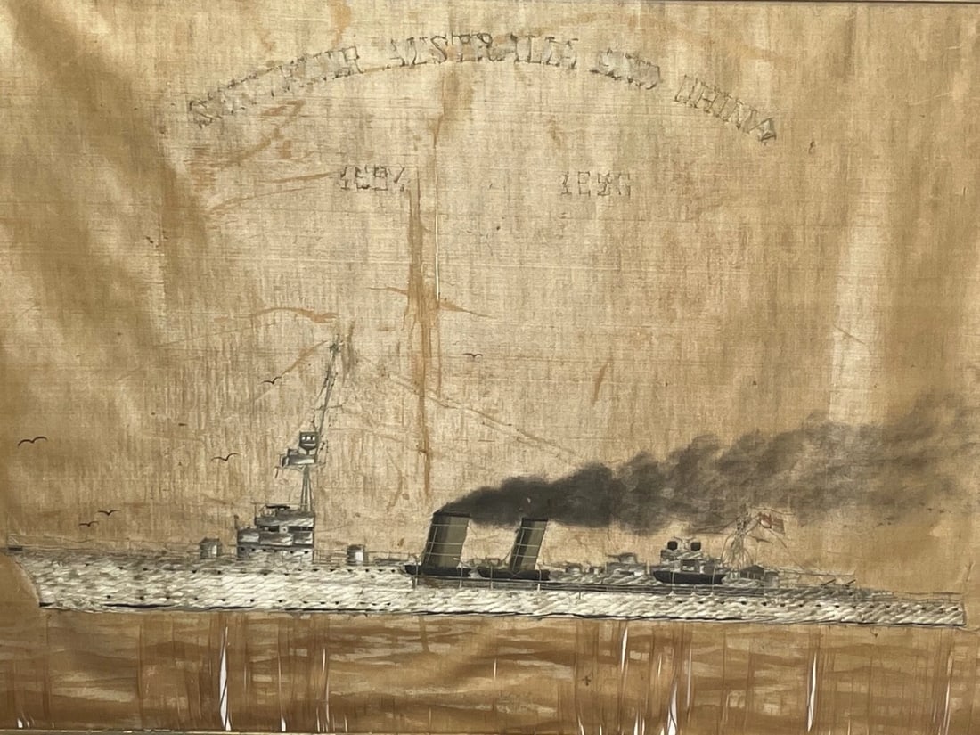 Antique Marine Silk Embroidery WW1 Royal Navy Light Cruiser Ship HMS Concord - 6