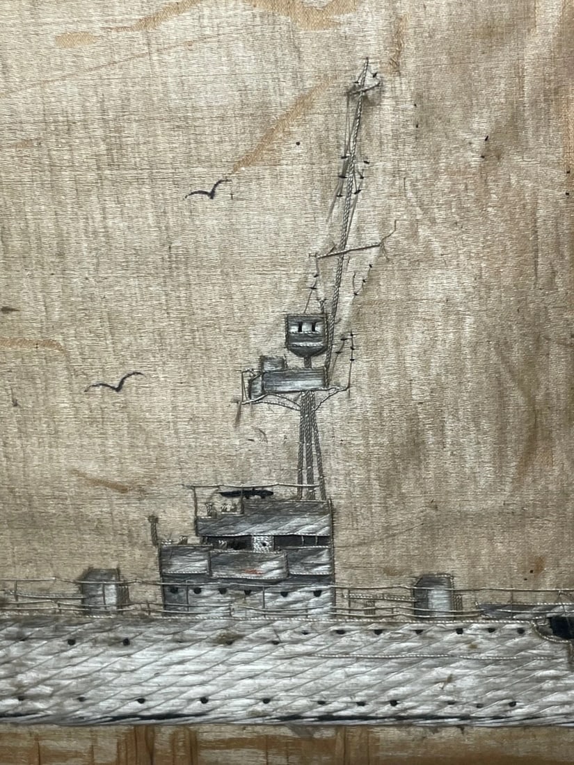 Antique Marine Silk Embroidery WW1 Royal Navy Light Cruiser Ship HMS Concord - 8