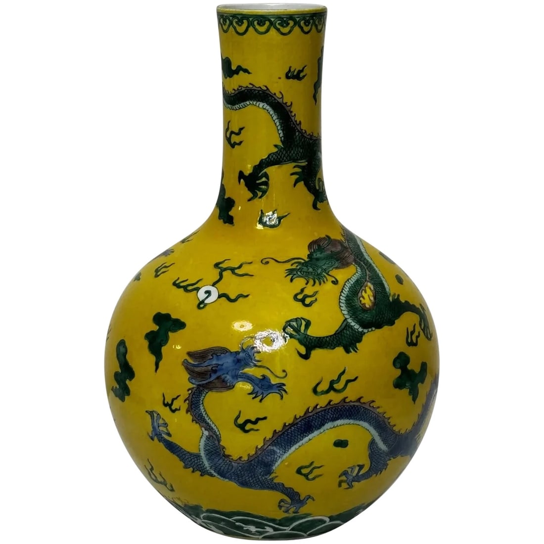 Chinese Qing Porcelain 3 Dragons Yellow Ground Tianqiuping Vase Yongzheng Seal (1 of 20)