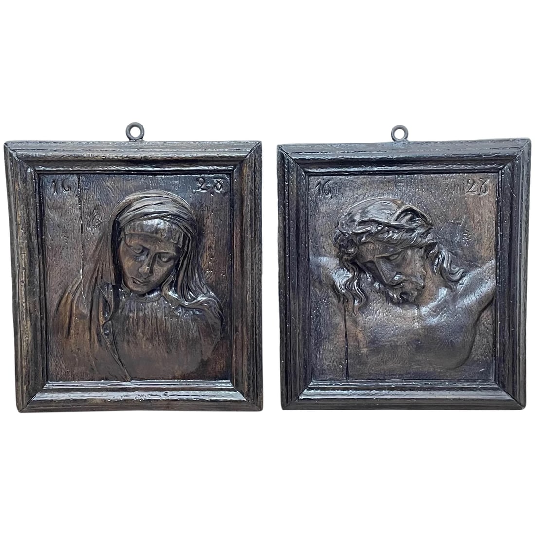 Pair Antique Belgium Ecclesiastical Mary & Jesus Wall Plaster Plaque Sculptures (1 of 12)
