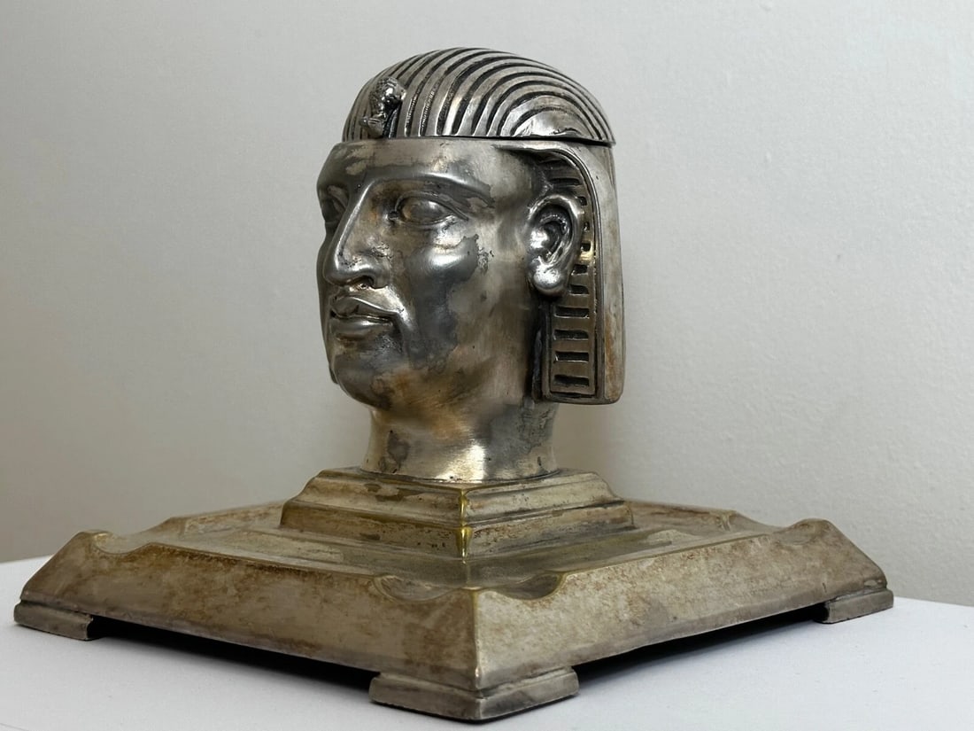 Small 19th Century Victorian Silver Plate Inkwell Form Head Of Egyptian Pharaoh - 11