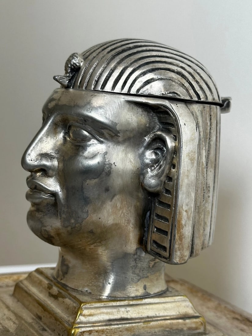 Small 19th Century Victorian Silver Plate Inkwell Form Head Of Egyptian Pharaoh - 12