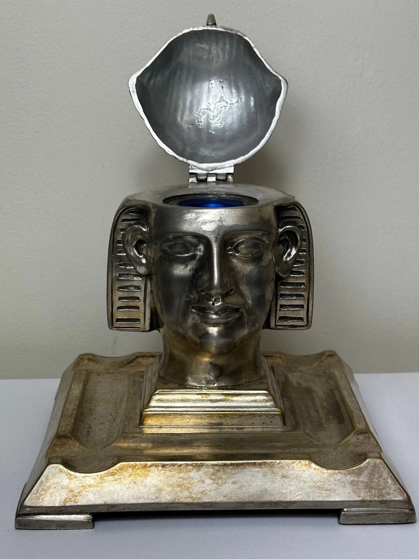 Small 19th Century Victorian Silver Plate Inkwell Form Head Of Egyptian Pharaoh - 13