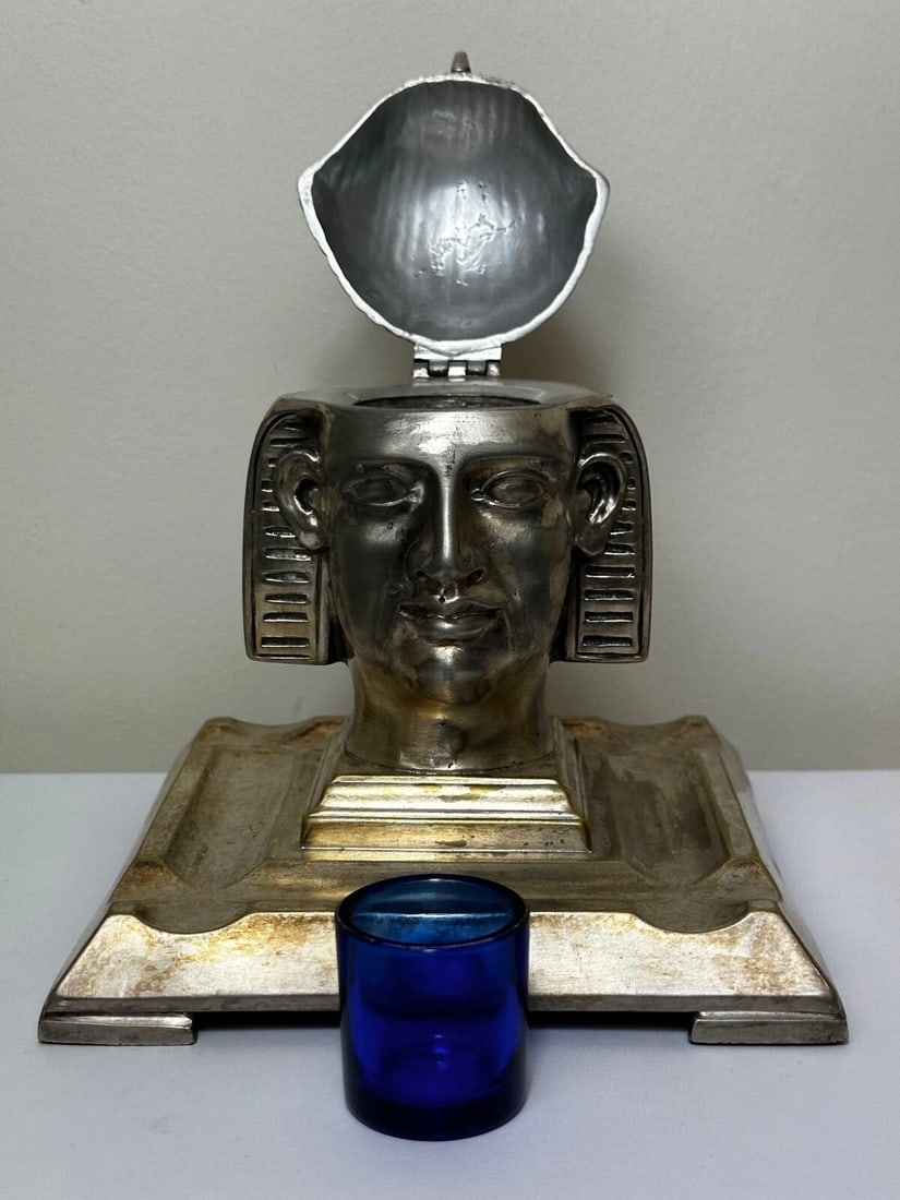 Small 19th Century Victorian Silver Plate Inkwell Form Head Of Egyptian Pharaoh - 19