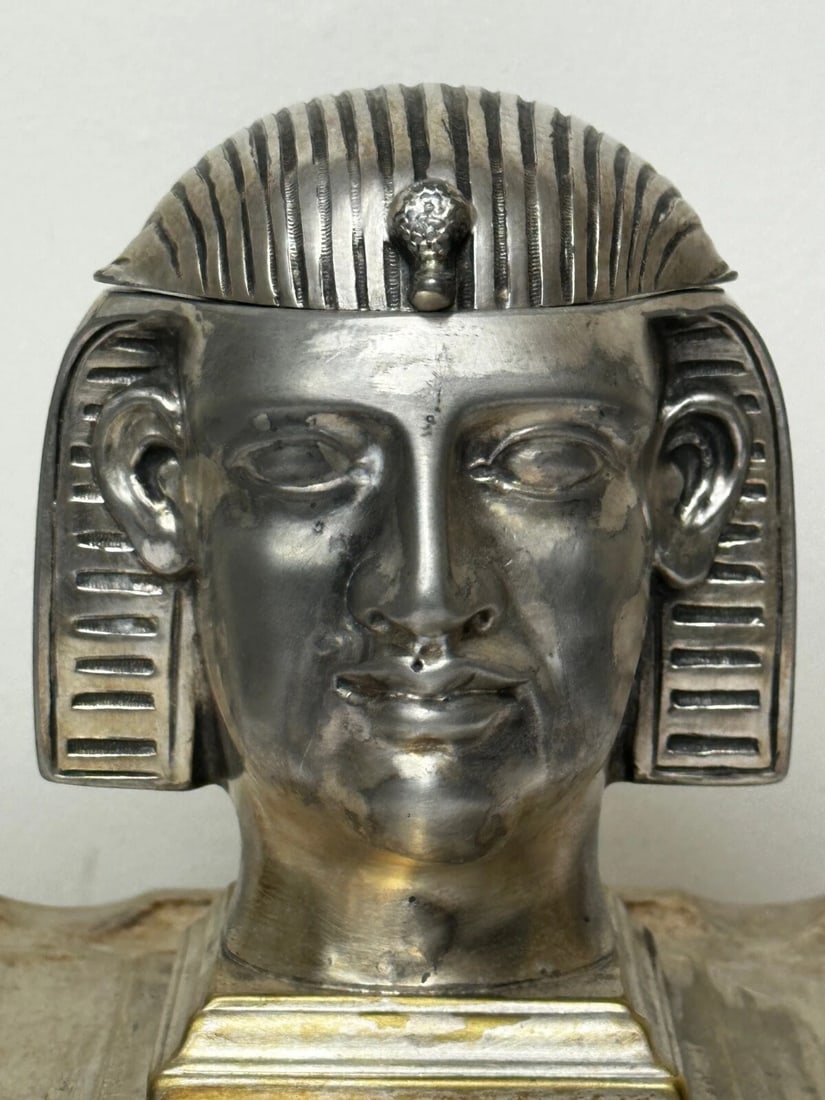 Small 19th Century Victorian Silver Plate Inkwell Form Head Of Egyptian Pharaoh - 2