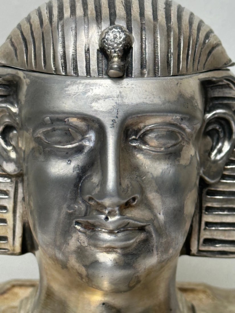 Small 19th Century Victorian Silver Plate Inkwell Form Head Of Egyptian Pharaoh - 3