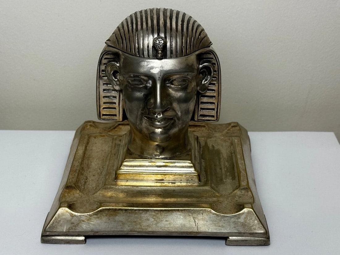 Small 19th Century Victorian Silver Plate Inkwell Form Head Of Egyptian Pharaoh - 4