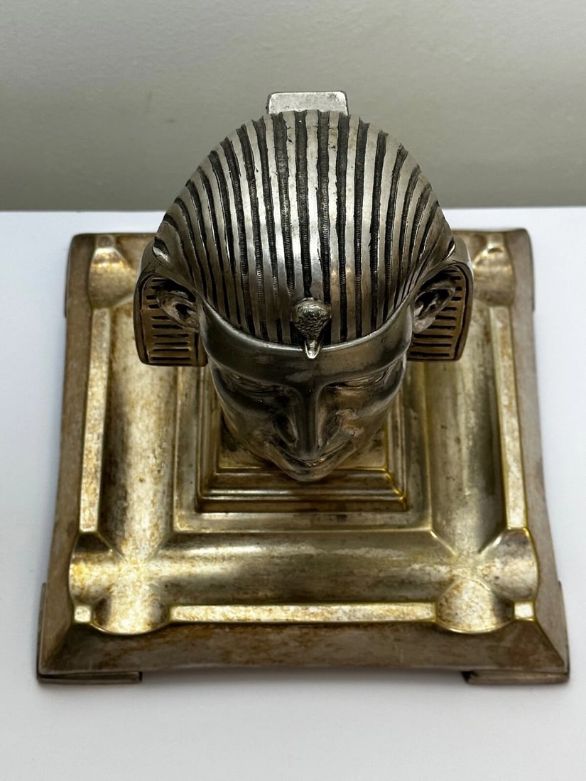Small 19th Century Victorian Silver Plate Inkwell Form Head Of Egyptian Pharaoh - 7