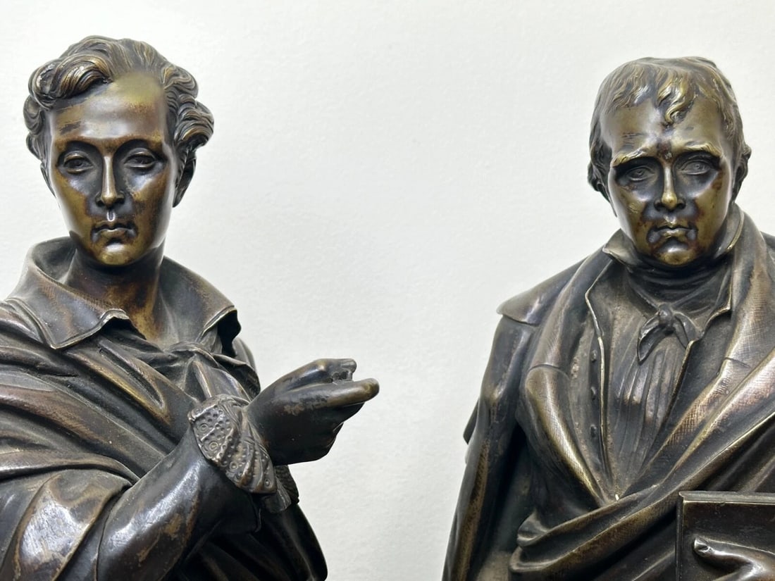 Pair Victorian Bronzes Novelist Poets Lord Byron & Sir Walter Scott Sculptures - 2