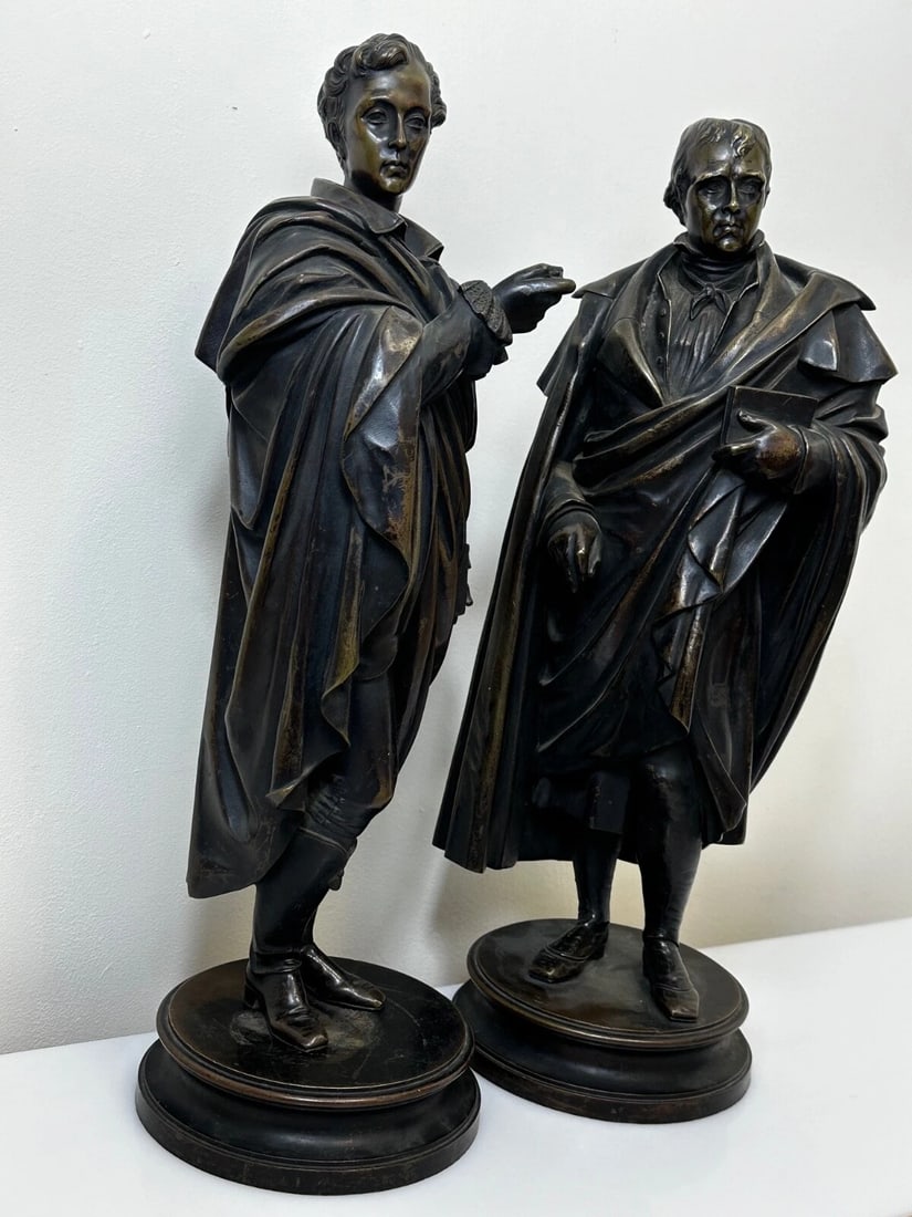 Pair Victorian Bronzes Novelist Poets Lord Byron & Sir Walter Scott Sculptures - 5