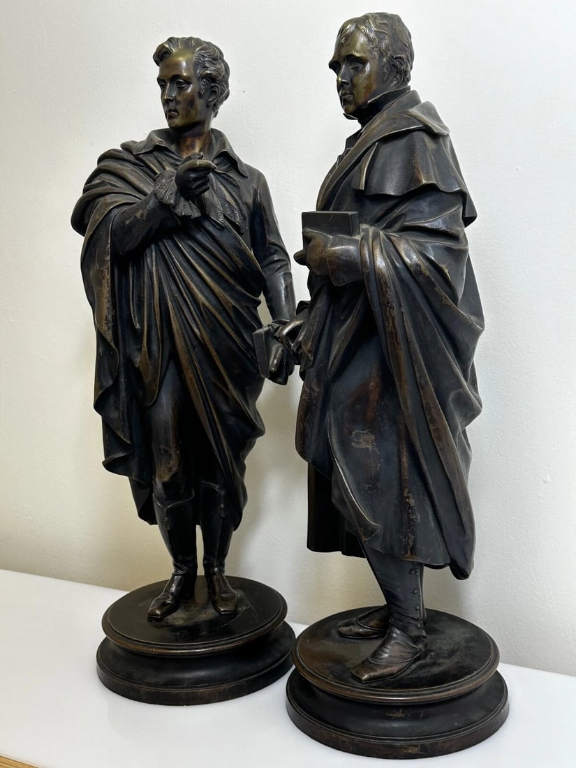 Pair Victorian Bronzes Novelist Poets Lord Byron & Sir Walter Scott Sculptures - 6
