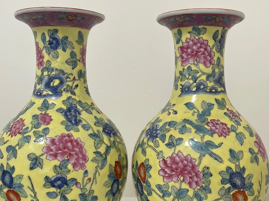 Pair Chinese Masterpiece Yellow Porcelain Vases Imperial Influenced Design - 2