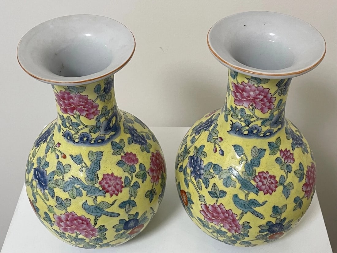 Pair Chinese Masterpiece Yellow Porcelain Vases Imperial Influenced Design - 3