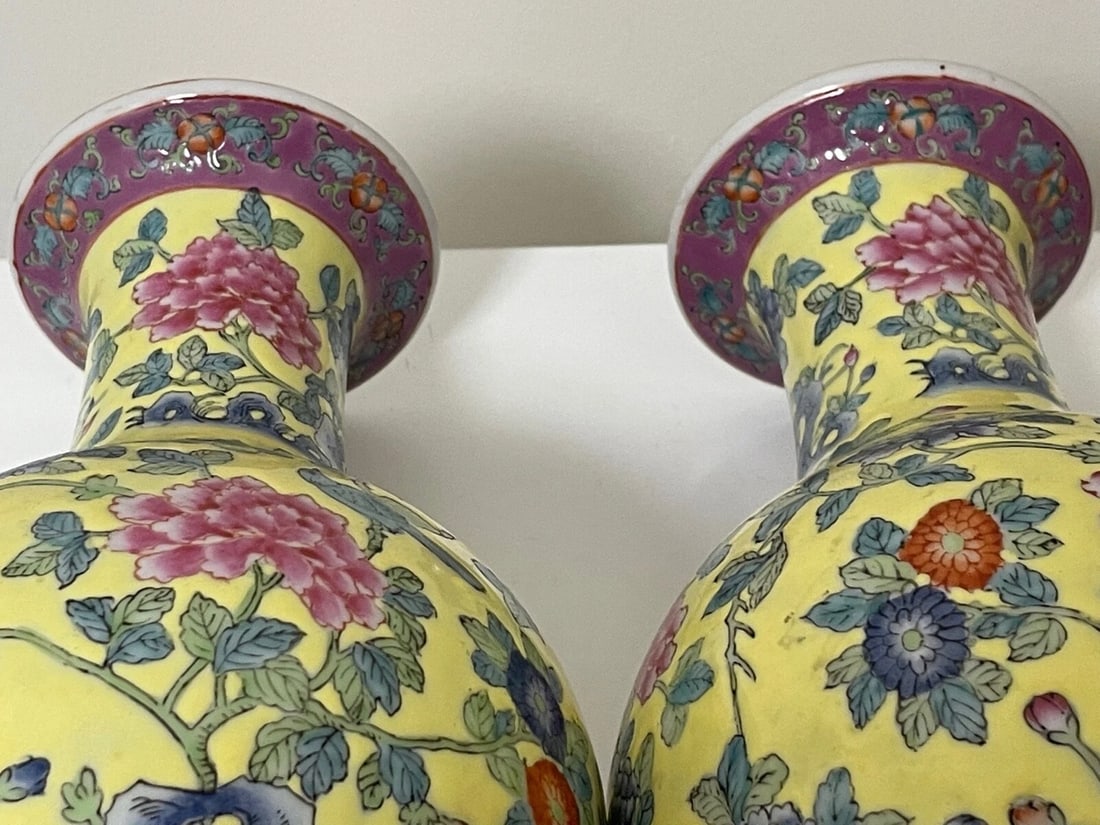 Pair Chinese Masterpiece Yellow Porcelain Vases Imperial Influenced Design - 5