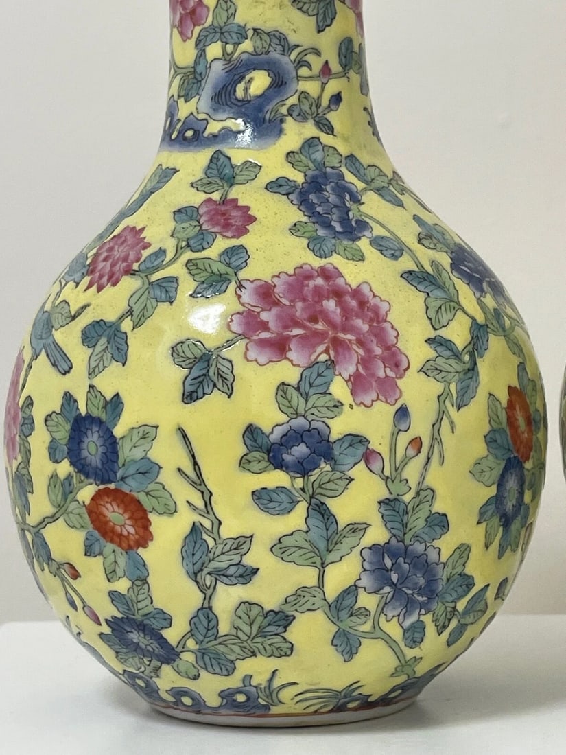 Pair Chinese Masterpiece Yellow Porcelain Vases Imperial Influenced Design - 8