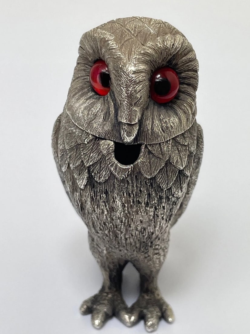 Victorian Revival Decorative Small Owl Mustard Pot Silver Plate After George Fox - 2