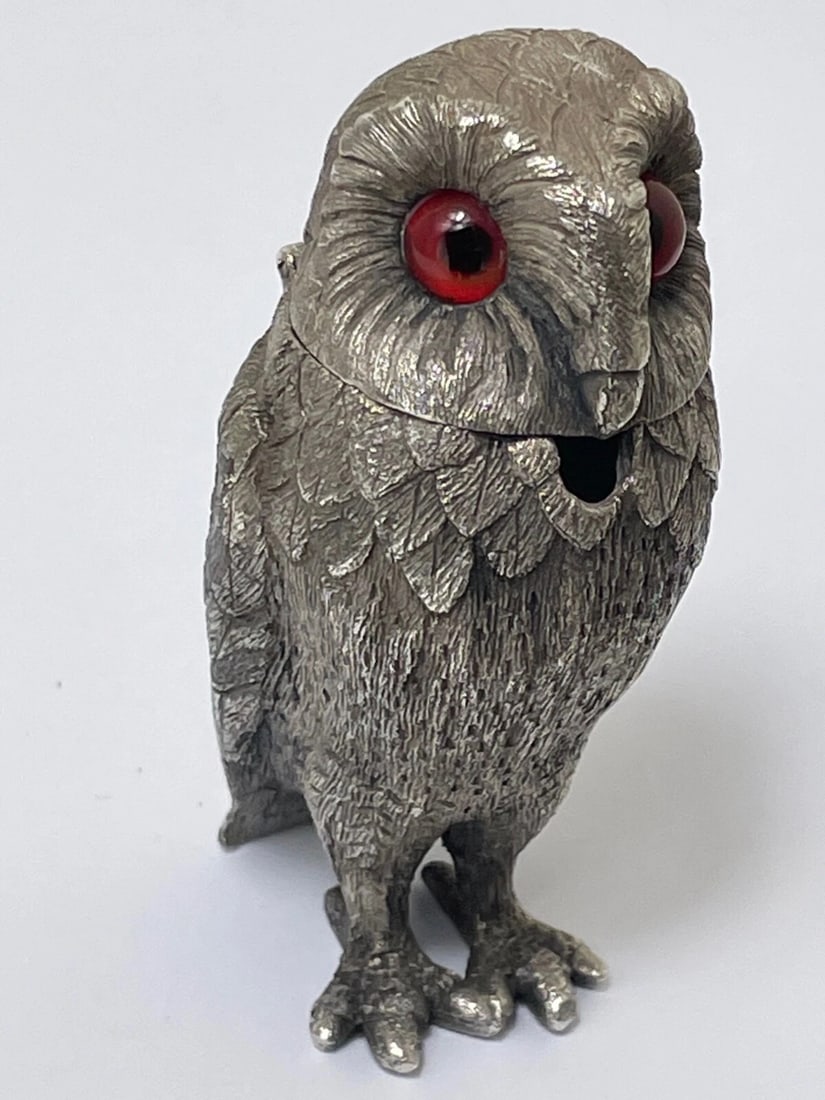 Victorian Revival Decorative Small Owl Mustard Pot Silver Plate After George Fox - 4