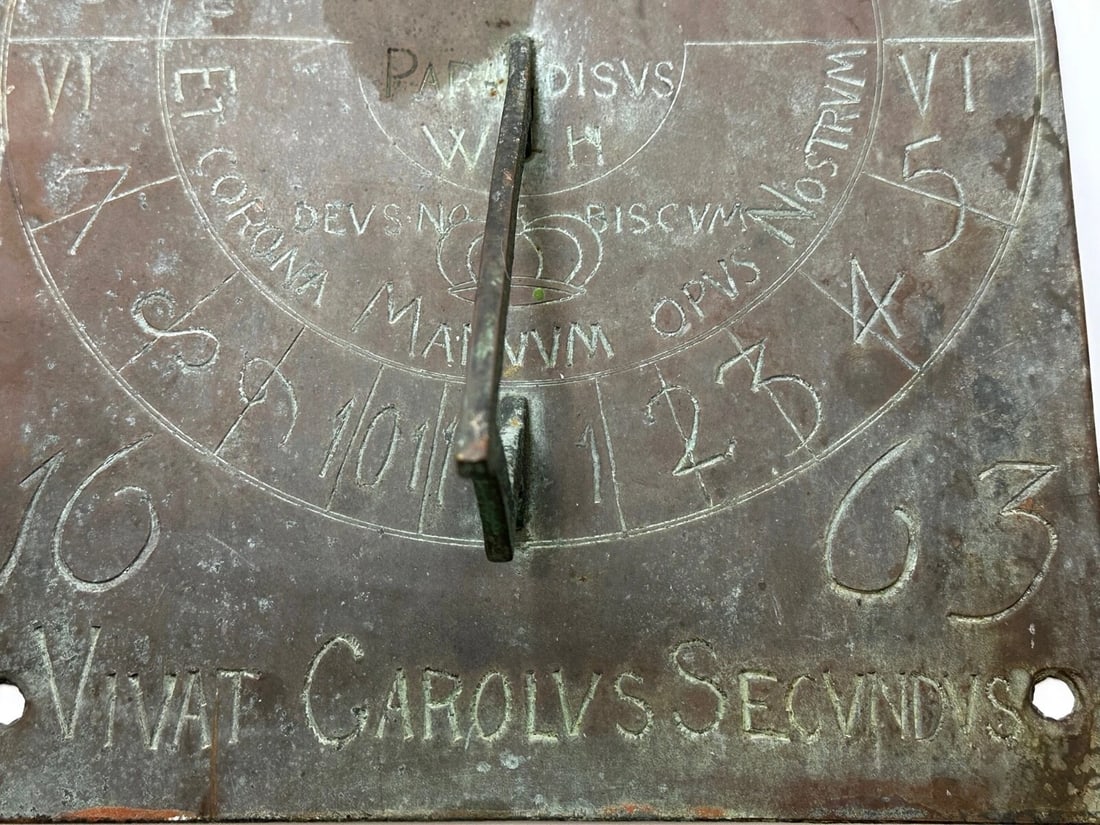 17th Century Bronze Garden Sundial Plate Gnomon Timepiece King Charles II Lives - 13