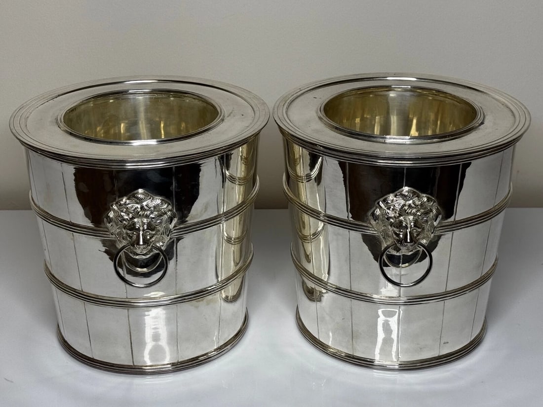 Set Regency Revival Style Lion Barrel Silver Plate Xmas Champagne Bucket Coolers - 3