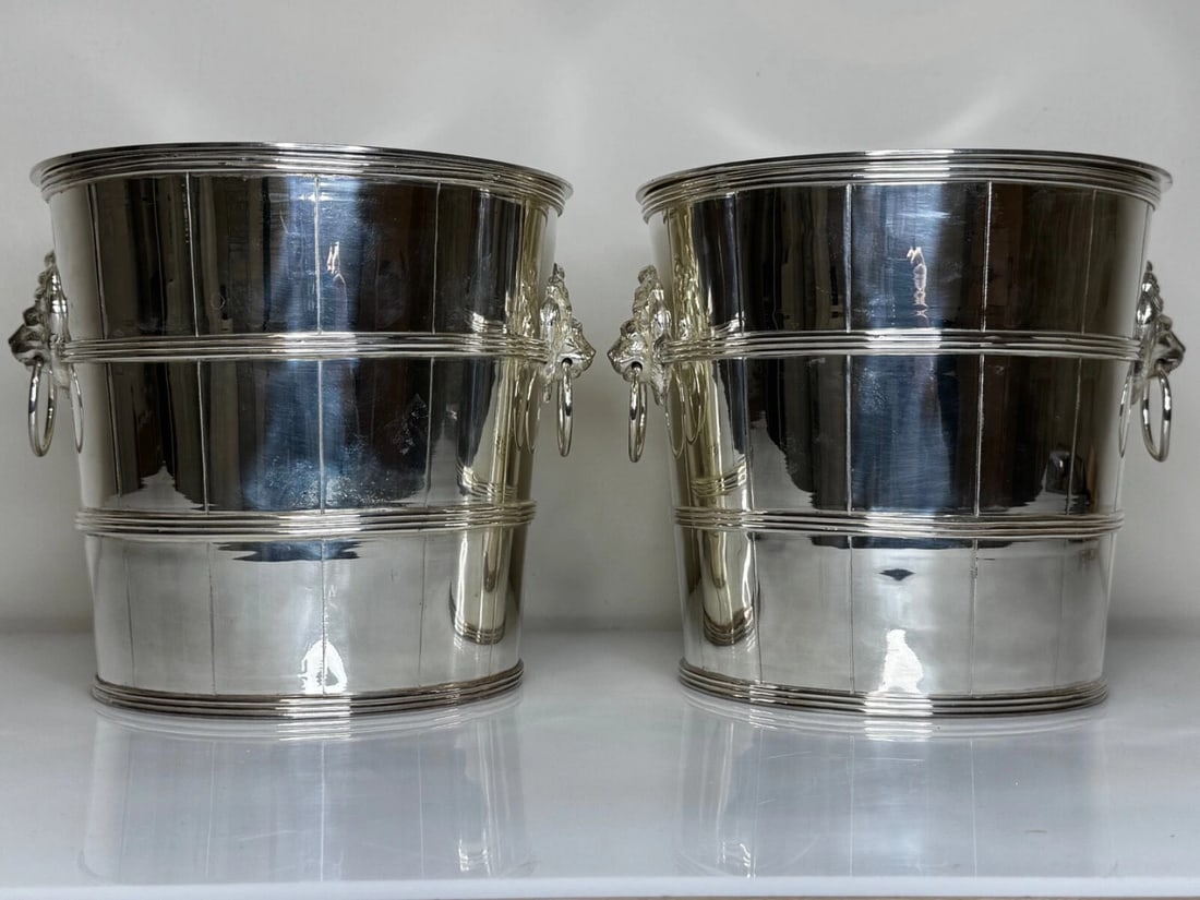 Set Regency Revival Style Lion Barrel Silver Plate Xmas Champagne Bucket Coolers - 4