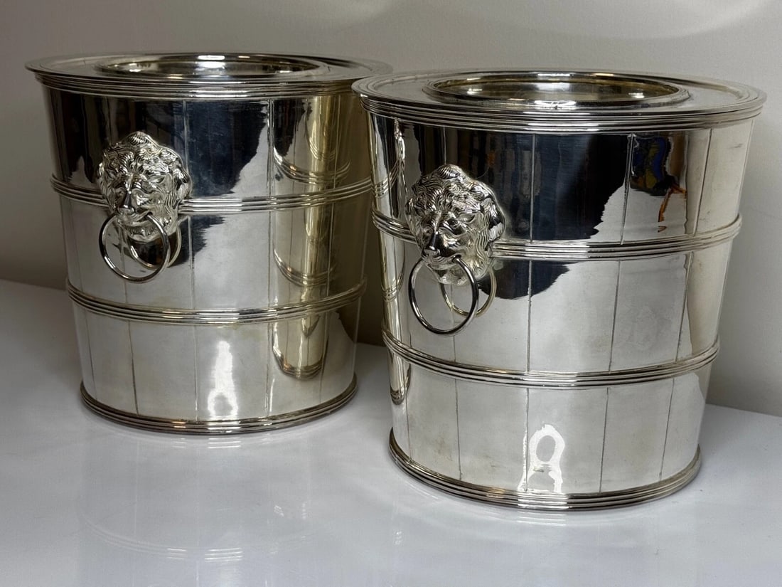 Set Regency Revival Style Lion Barrel Silver Plate Xmas Champagne Bucket Coolers - 9