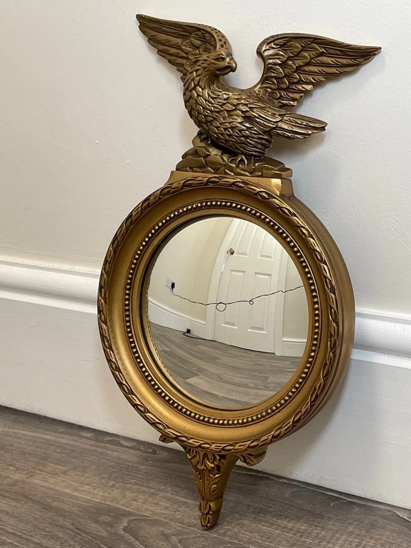 Beautiful Small Rare E Gomme English Gilt Eagle Crown Convex Wall Mirror c1950s - 2