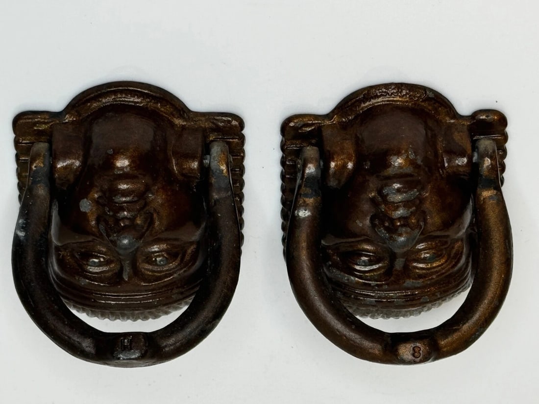 Pair Antique Neoclassical 19th Century Egyptian Sphinx Mask Bronze Door Knockers - 15