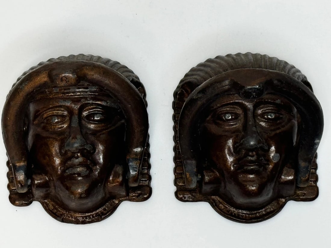 Pair Antique Neoclassical 19th Century Egyptian Sphinx Mask Bronze Door Knockers - 19
