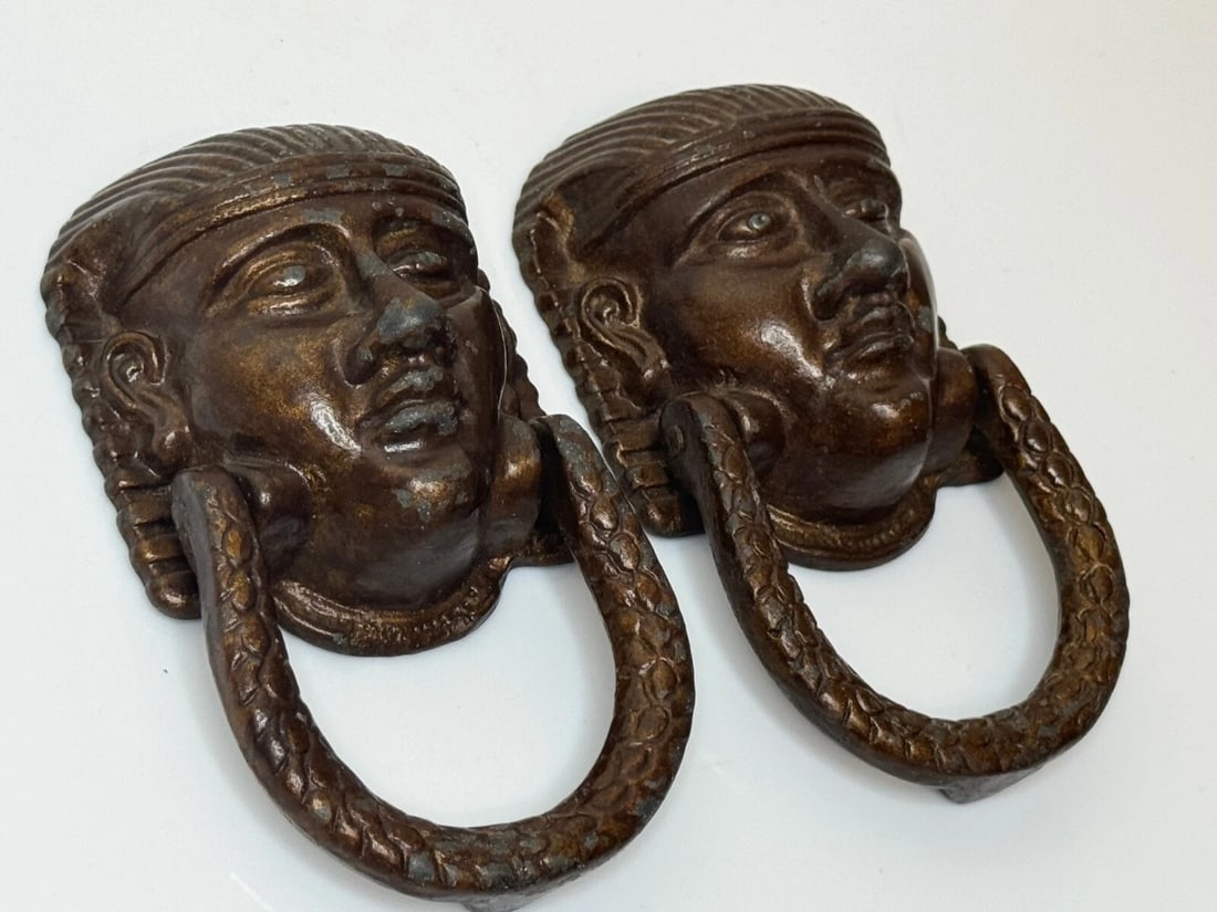 Pair Antique Neoclassical 19th Century Egyptian Sphinx Mask Bronze Door Knockers - 2