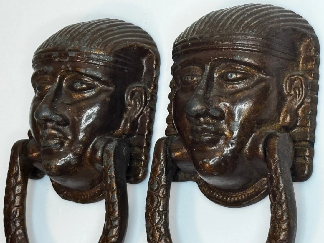 Pair Antique Neoclassical 19th Century Egyptian Sphinx Mask Bronze Door Knockers - 3