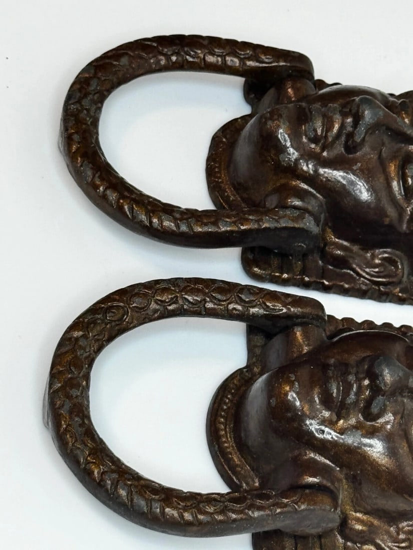 Pair Antique Neoclassical 19th Century Egyptian Sphinx Mask Bronze Door Knockers - 4