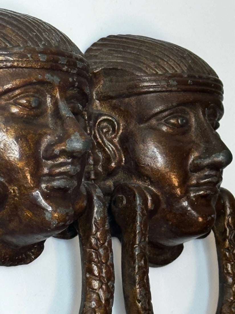 Pair Antique Neoclassical 19th Century Egyptian Sphinx Mask Bronze Door Knockers - 7