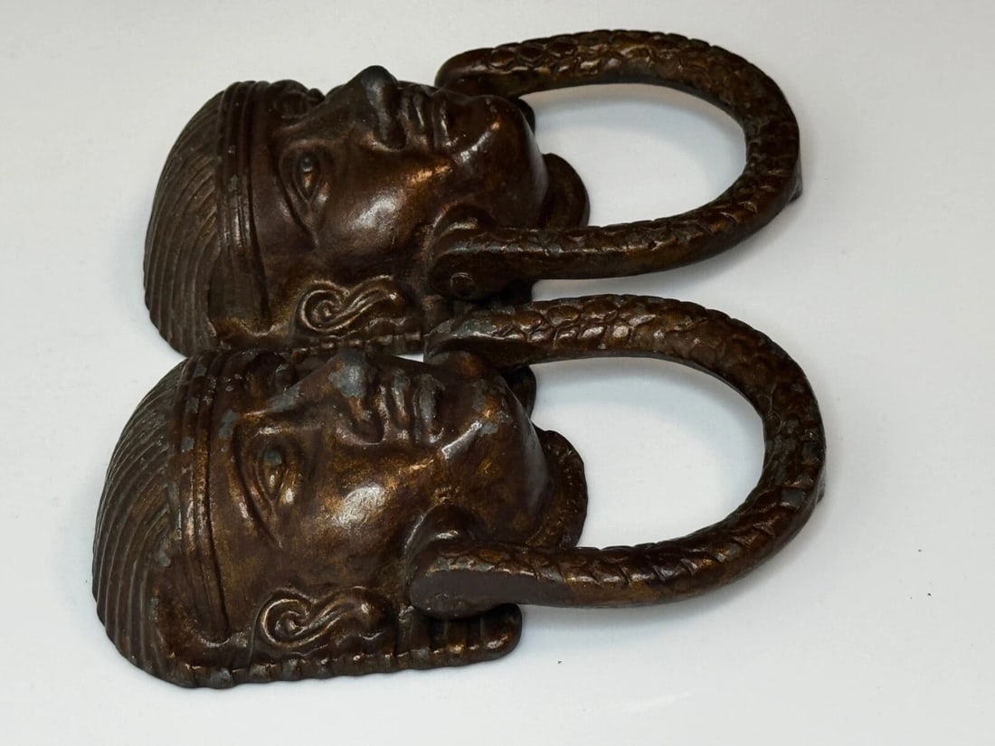 Pair Antique Neoclassical 19th Century Egyptian Sphinx Mask Bronze Door Knockers - 9