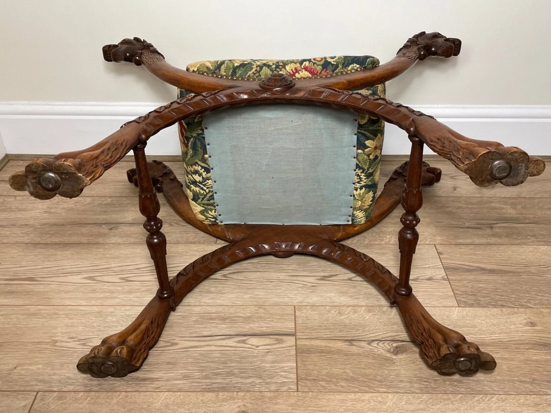 Victorian Curved X Frame Carved Walnut Window Seat Stool Hunting Dog Heads - 10