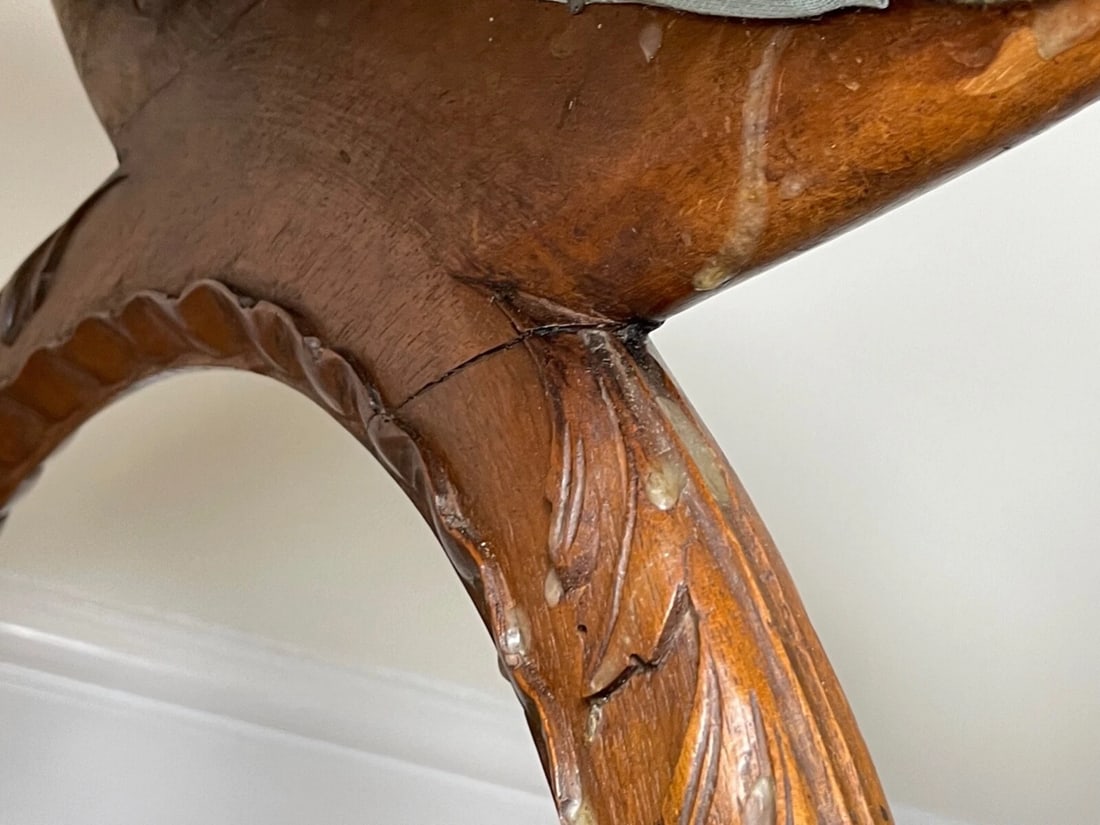Victorian Curved X Frame Carved Walnut Window Seat Stool Hunting Dog Heads - 12