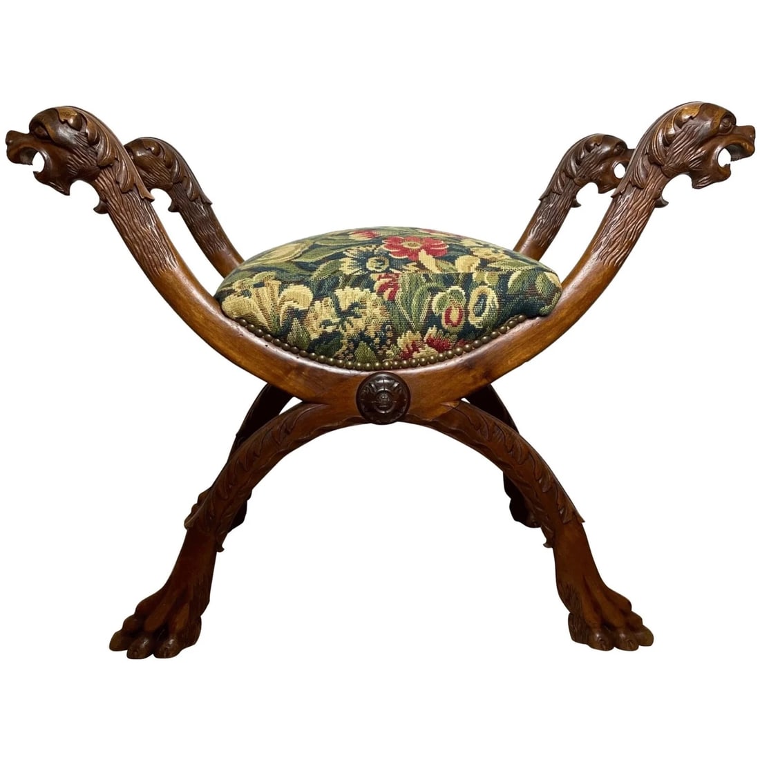 Victorian Curved X Frame Carved Walnut Window Seat Stool Hunting Dog Heads (1 of 12)