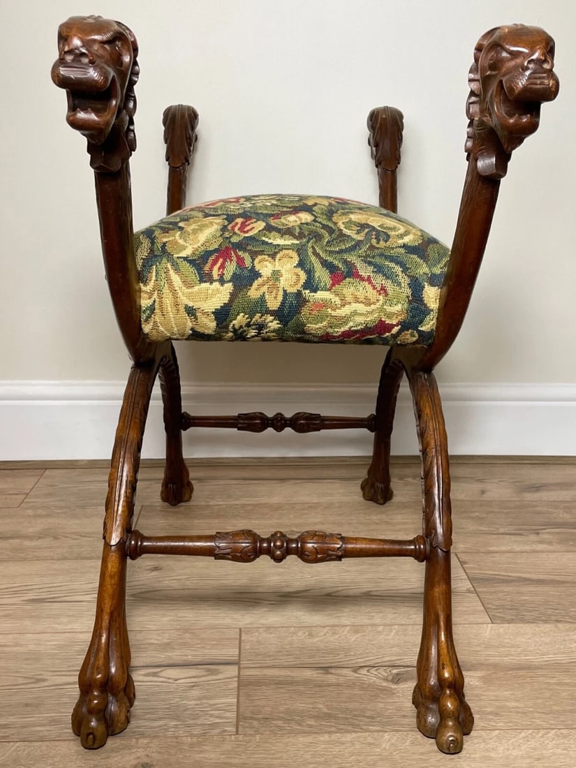 Victorian Curved X Frame Carved Walnut Window Seat Stool Hunting Dog Heads - 2