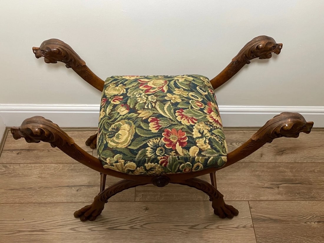Victorian Curved X Frame Carved Walnut Window Seat Stool Hunting Dog Heads - 5