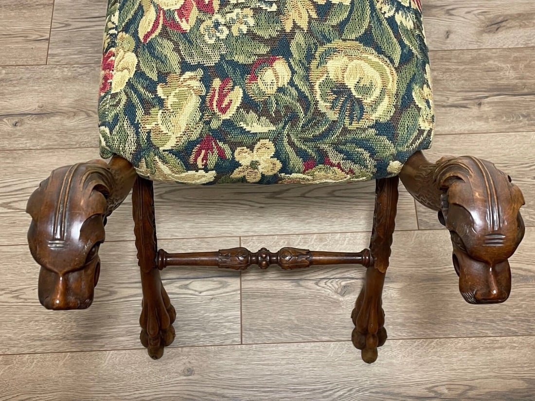 Victorian Curved X Frame Carved Walnut Window Seat Stool Hunting Dog Heads - 7