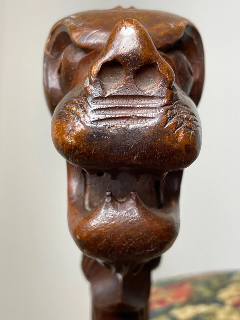 Victorian Curved X Frame Carved Walnut Window Seat Stool Hunting Dog Heads - 8