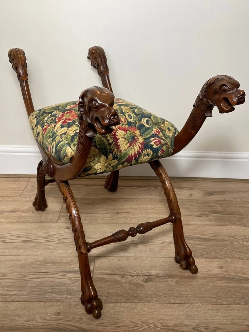 Victorian Curved X Frame Carved Walnut Window Seat Stool Hunting Dog Heads - 9
