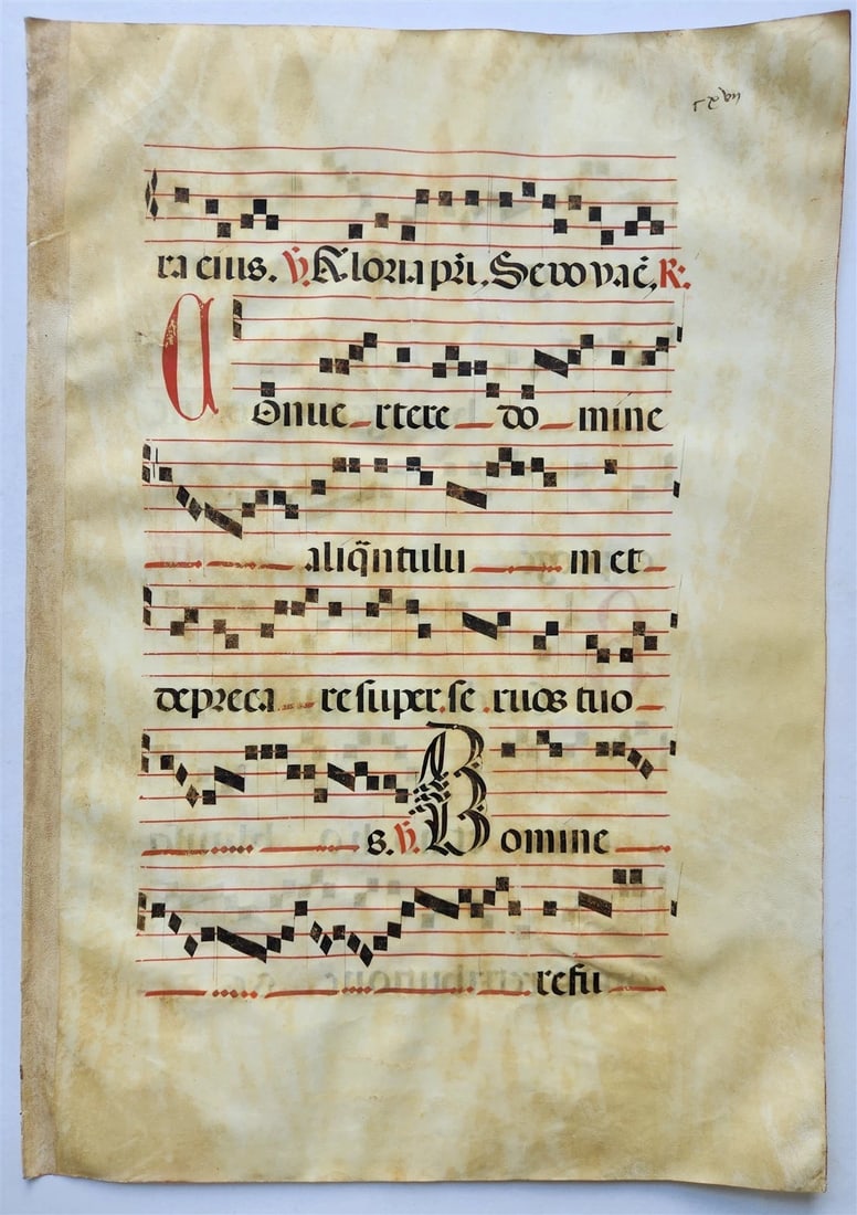 17th cent. ANTIPHONAL MUSIC CHART VELLUM MANUSCRIPT antique LITURGICAL TEXT - 2