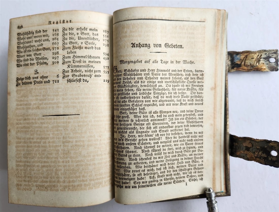1857 GERMAN HYMNAL VELVET BINDING w/ BEAUTIFUL SILVER FITTINGS & CLASPS antique - 10