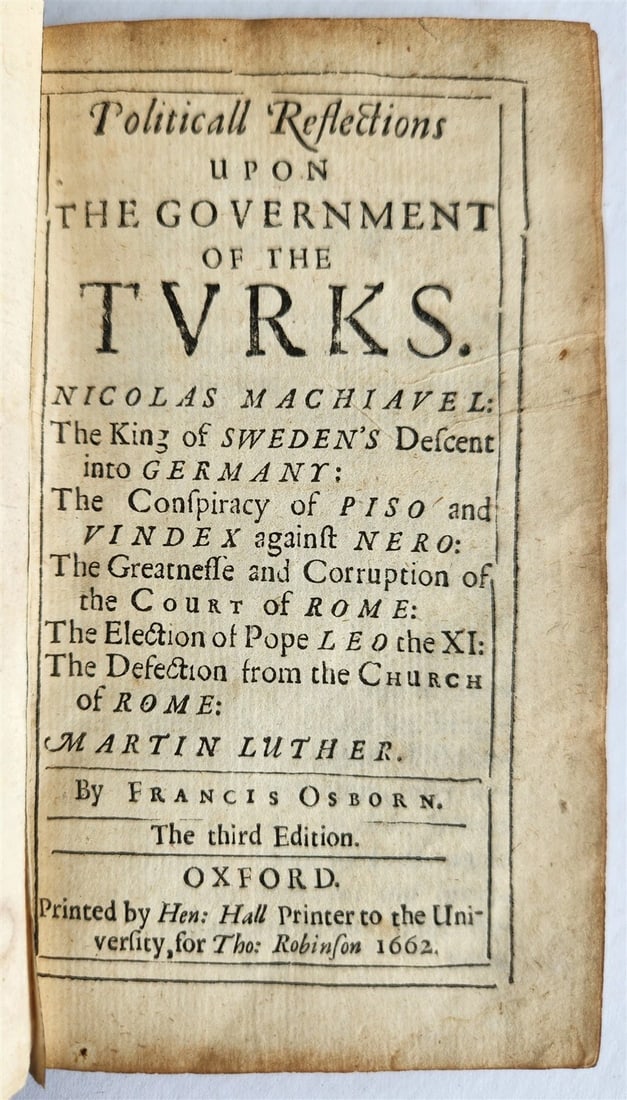 1662 Political Reflections upon the Government of Turks antique TURKEY OTTOMAN (1 of 6)