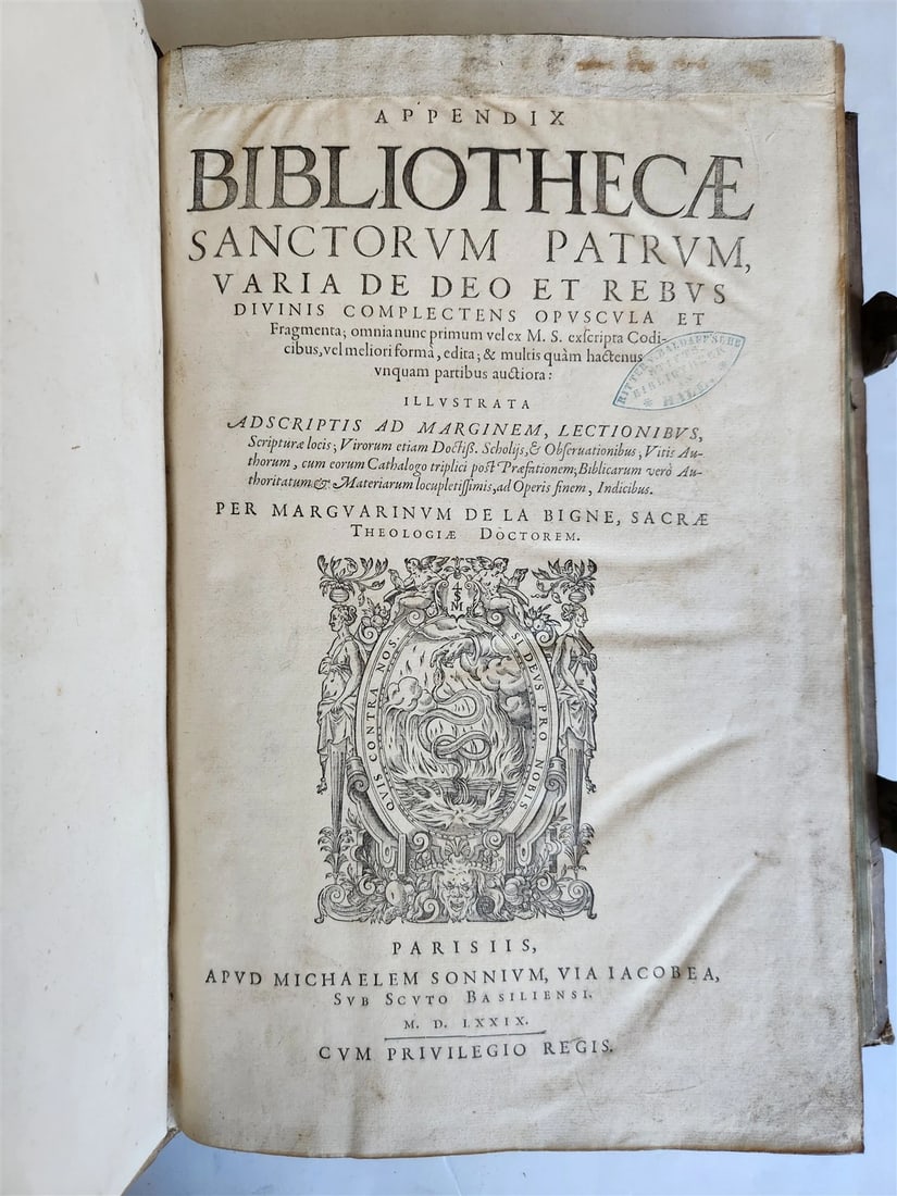 1579 Sacrae bibliothecae sanctorum patrum PIGSKIN BOUND FOLIO 16th cent. ANTIQUE: Margarinum de La Bigne Sacrae bibliothecae sanctorum patrum. Paris, for Michel Sonnius; 1579 With woodcut printer's mark. Original blind-tooled pigskin binding over wooden boards. Original clasps, man